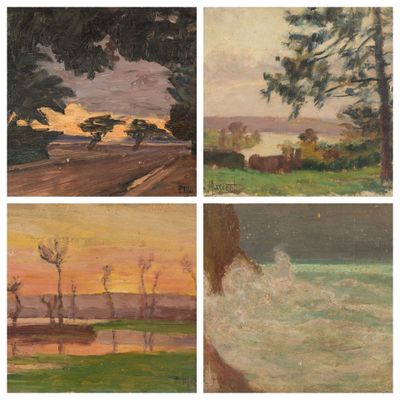 four paintings of a woman sitting on a bench in front of a lake