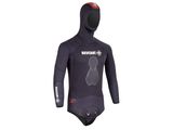 the wetsuit is black and has a hood on it
