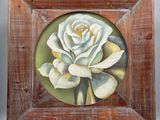 painting of a white rose in a wooden frame on a white background