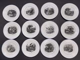 six plates with black and white images of animals on them