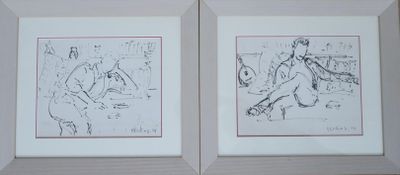 deux dessins encadrés représentant un homme et une femme jouant au football
