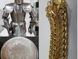 two pictures of a gold and silver statue and a silver coin