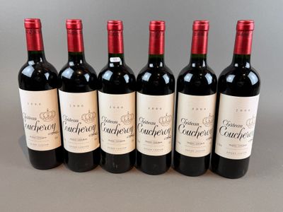 six bottles of red wine lined up in a row