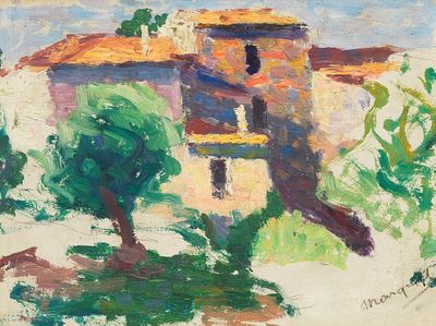 an image of a painting of a house and trees in a field
