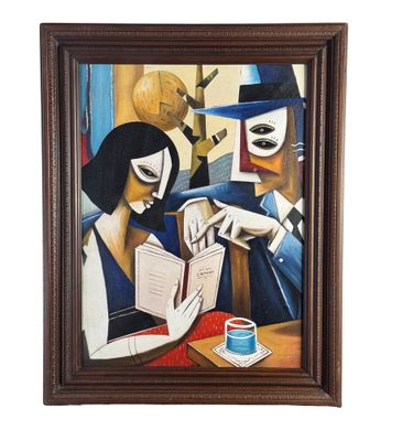 tableau représentant un homme et une femme en train de lire un livre à une table