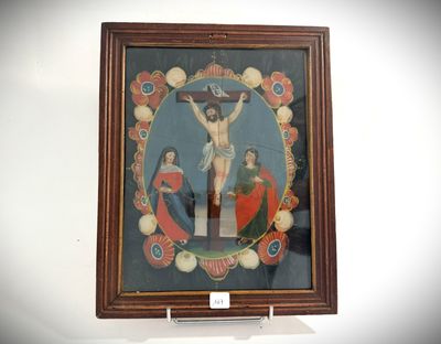 a painting of jesus on the cross in a wooden frame