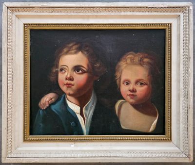 tableau représentant deux enfants, dans un cadre blanc sur fond noir