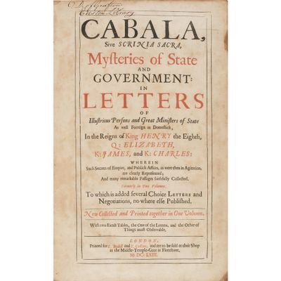 a copy of the first edition of the book cabala, the mysteries of state government letters