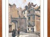 painting of a street scene with people and buildings in the background
