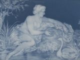 a blue and white picture of a naked woman with a swan
