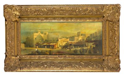 une peinture à l'huile représentant une scène urbaine avec une calèche