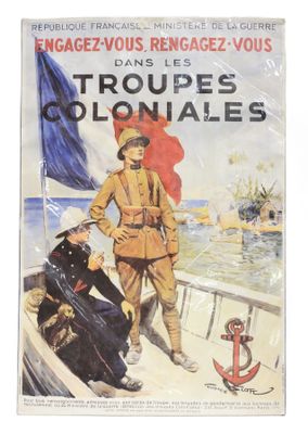 an old poster of a man in uniform standing on a boat