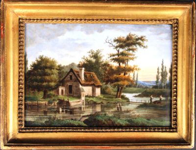 an oil painting of a cottage by a river with a horse in the foreground
