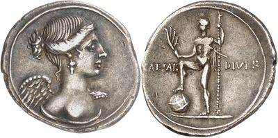 a silver coin with an image of a woman holding a sword