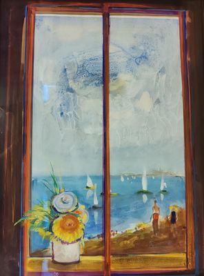 un tableau représentant un vase de fleurs posé sur un rebord de fenêtre