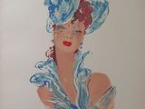 painting of a woman wearing a blue hat with a flower on it