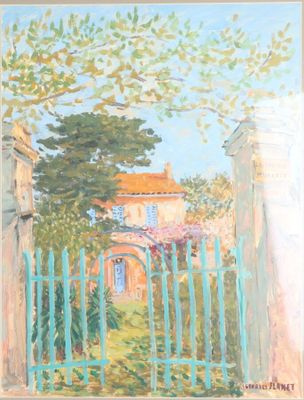 une peinture à l'huile représentant un portail et une maison en arrière-plan