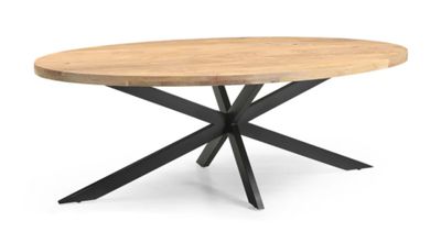 une table ronde en bois avec des pieds en métal noir et un plateau en bois