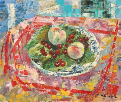 a painting of a plate of fruit on a table