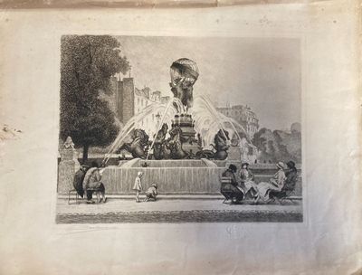 a picture of a drawing of a fountain with people around it