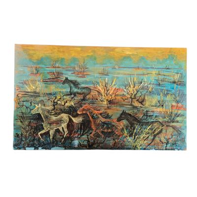une peinture à l'huile représentant un groupe de chevaux galopant dans un champ