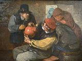 a painting of two men playing with a ball in a room
