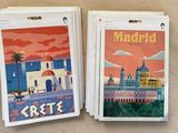 two postcards with a picture of madrid and a picture of the city