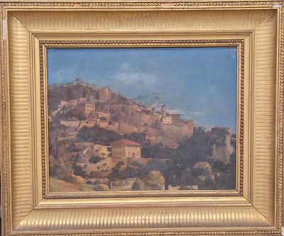 une peinture à l'huile représentant une colline avec un village en arrière-plan