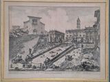 an old drawing of a city square with a fountain in the middle of it