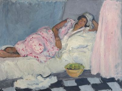 un tableau représentant une femme allongée sur un lit, à côté d'un bol de fruits