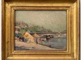 une image représentant un tableau représentant une scène fluviale avec un pont