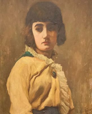 a painting of a young girl in a yellow shirt and black skirt