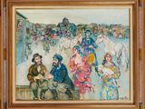 painting of a group of people sitting on a bench in front of a crowd