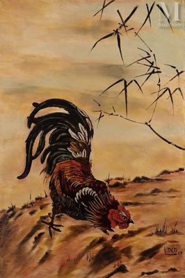 tableau représentant un coq dans un champ, avec des bambous en arrière-plan