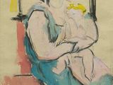tableau représentant une femme tenant un bébé dans ses bras, assise sur un banc