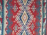 an image of a red, blue, and green rug with a diamond design