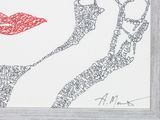 painting of a woman ' s face with a red lipstick on a white background