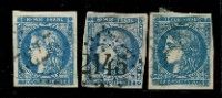 four different blue and white stamps on a black background