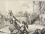 a drawing of a man holding a sword in front of a group of people