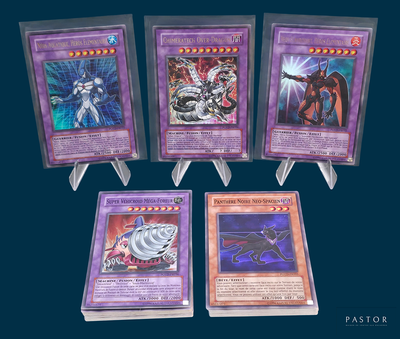 four different types of pokemon cards are displayed on a blue background