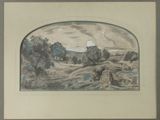 drawing of a landscape with a man and a dog in the foreground
