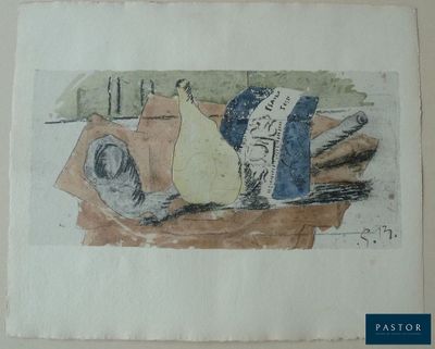 un dessin représentant une poire et une bouteille posées sur une table