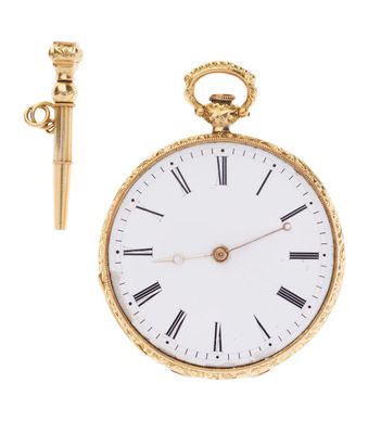 an image of a gold pocket watch with a key on a white background