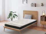 une photo d'une chambre avec un lit et une plante posée par terre