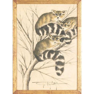 un tableau représentant trois chats assis sur une branche d'arbre