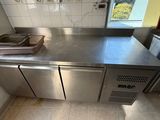 a stainless steel counter top in a kitchen with a window