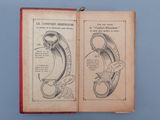 an open book with a drawing of a woman ' s face and a man ' s hand holding a knife
