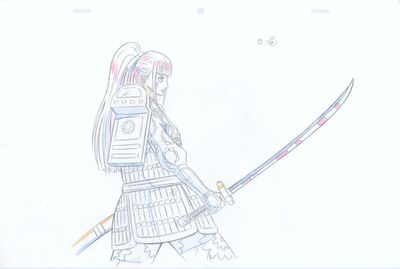 un dessin représentant une femme tenant une épée à la main