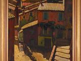 an image of a painting of a street scene with buildings
