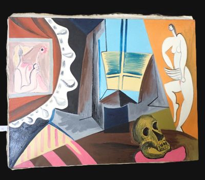 un tableau accroché au mur d'une pièce où se trouve un crâne par terre